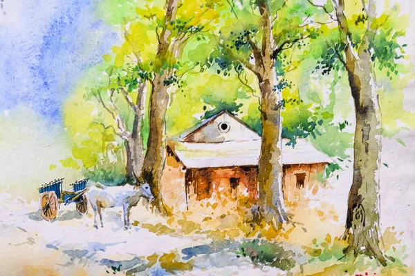 Jasny Indyjski Wieś Akwarela Malarstwo Ręcznie Malowane Ilustracji Wiejski Dom — Zdjęcie stockowe