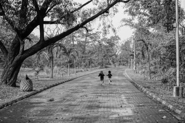 Küçük oğlan ve kız, doğal ortamda neşe içinde koşuyorlar, çocukluk arkadaşlığının siyah beyaz fotoğrafı..