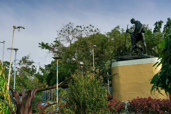 超级旋风安潘将倒在地上的树连根拔起 触动了圣雄甘地的雕像 它摧毁了加尔各答市 气候屠杀 — 图库照片