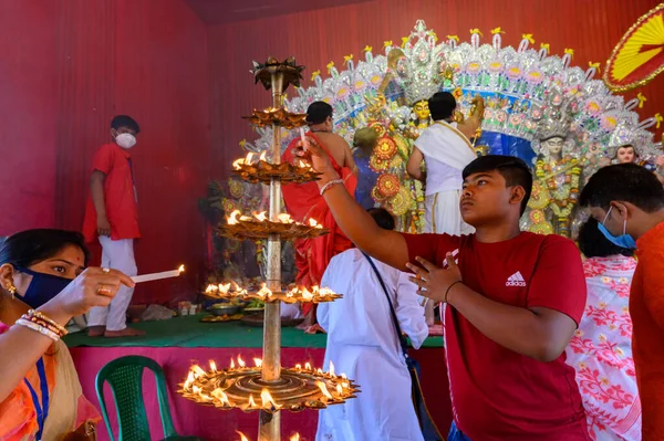 Howrah Bengala Ocidental Índia Outubro 2020 Deusa Durga Está Sendo — Fotografia de Stock