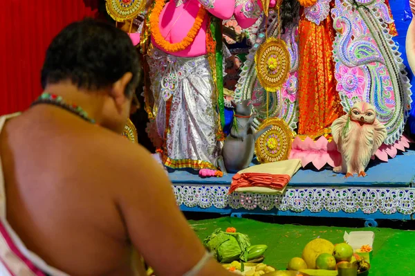 Howrah, Batı Bengal, Hindistan - 24 Ekim 2020: Laxmi pyancha, Laxmi pacha ya da baykuş, bahon, Tanrıça Laxmi 'nin taşıyıcısı tanrıça Durga' ya tapan Hindu rahibi.