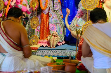 Howrah, Batı Bengal, Hindistan - 24 Ekim 2020: Laxmi pyancha, Laxmi pacha ya da baykuş, bahon, Tanrıça Laxmi 'nin taşıyıcısı tanrıça Durga' ya tapan Hindu rahiplere bakıyor.