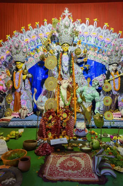 Goddess Durga Idol Her Family Durga Puja Festival Night Shot — Stock Photo, Image