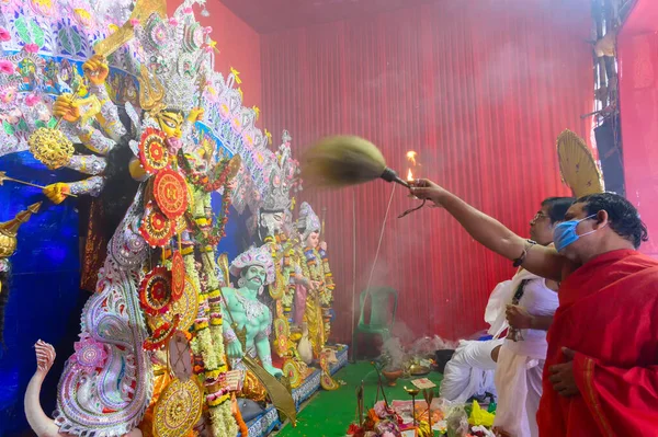 Howrah Batı Bengal Hindistan Ekim 2020 Dhaaks Çalınırken Tanrıça Durga — Stok fotoğraf