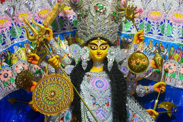 Twarz Bogini Durga Immunitet Durga Puja Festiwal Nocy Strzelanina Pod — Zdjęcie stockowe