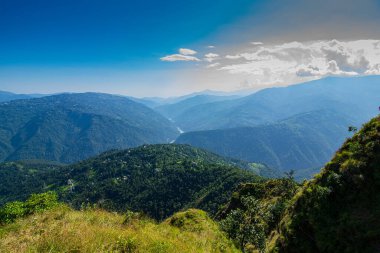 View of Himalayan mountain, blue sky and forest from Tarey Bhir point, tourist spot, Sikkim, India. 'Bhir' means cliff in the local language,about 10,000 feet long path, breathtaking view at the edge.