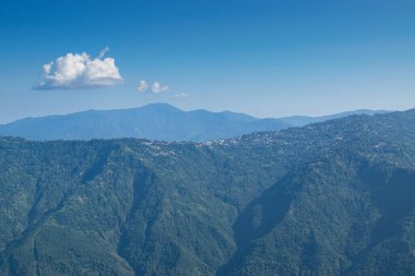 View of Himalayan mountain, blue sky and forest from Tarey Bhir point, tourist spot, Sikkim, India. 'Bhir' means cliff in the local language,about 10,000 feet long path, breathtaking view at the edge.
