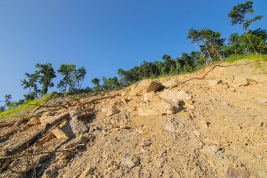 Landslide on the Himalayan mountains, on the way to Sikkim. Sikkim is facing heavy rainfall and resulting landslide caused by global warming and climate change on Himalayan mountains.