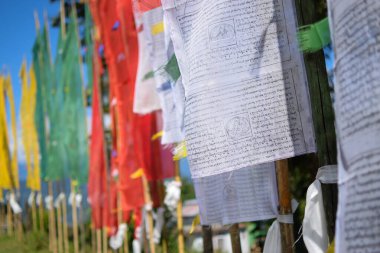 Beyaz bayraklar üzerinde Tibet Budist yazıtları bulunan renkli Budist dua bayrakları, sonsuz barış hakkında. Güzel Rinchen Chholing Manastırında. Rinchenpong, Sikkim, Hindistan. İzinle resim çekimi.