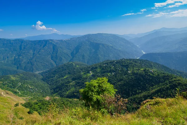 View of Himalayan mountain, blue sky and forest from Tarey Bhir point, tourist spot, Sikkim, India. 'Bhir' means cliff in the local language,about 10,000 feet long path, breathtaking view at the edge.
