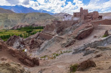 Basgo or Bazgoo, a village situated on the bank of the Indus river in Leh district, Ladakh, India. Ancient cultural and political centre, Basgo Monastery and historical ruins with Himalayan mountains.