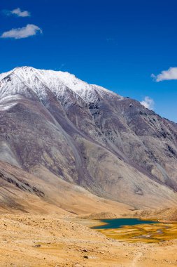 Chang La 'da karlı dağ zirvesi olan göl ve nehir manzarası, güney geçidi, Büyük Himalaya' da Ladakh 'ta Leh ve Shyok Nehri vadisi arasında yüksek bir dağ geçidi. Leh, Ladakh, Hindistan.