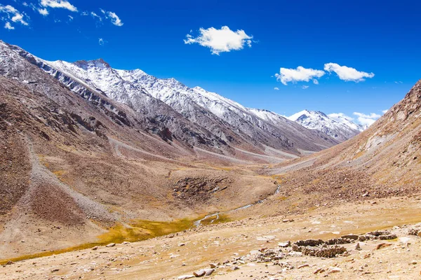 Karlı Himalaya tepeleri, Chang La 'da mavi gökyüzü, güney geçidi, Ladakh' ta yüksek dağ geçidi Büyük Himalaya 'da Leh ve Shvar Nehri vadisi arasında. Leh 'den Pangong Gölü yoluna. Leh, Ladakh, Hindistan.