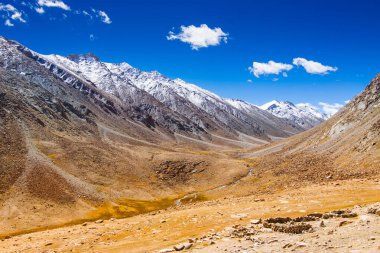 Karlı Himalaya tepeleri, Chang La 'da mavi gökyüzü, güney geçidi, Ladakh' ta yüksek dağ geçidi Büyük Himalaya 'da Leh ve Shvar Nehri vadisi arasında. Leh 'den Pangong Gölü yoluna. Leh, Ladakh, Hindistan.