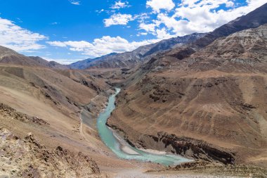 Zanskar Nehri, İndus Nehri 'nin büyük, kuzey kollarından biri, tamamen Ladakh Birliği topraklarında akıyor. Himalaya dağlarından akan nehrin manzaralı güzelliği.