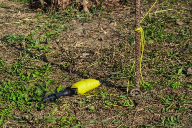 Kuruluş inşaatını sarı seviyelendirme halatıyla hazırlama sürecinde inşaat demiri.
