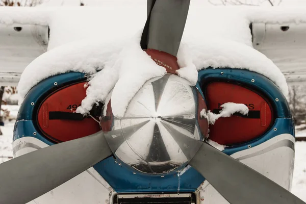 Hoja Gris Capucha Pequeño Avión Privado Cubierto Nieve Invierno Con — Foto de Stock