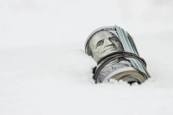 Kışın Bir Dolar Karda Duran Bir Tomar Bozuk Para Yakın — Stok fotoğraf