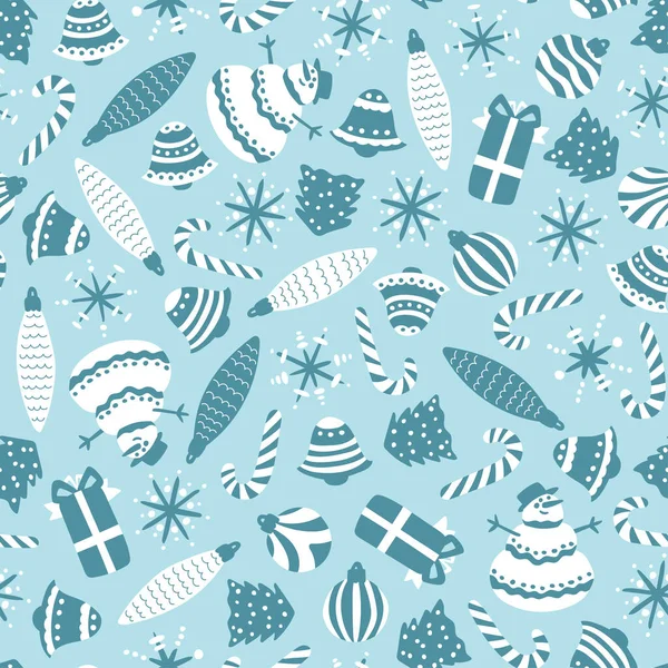 Kerst naadloos patroon op een blauwe achtergrond. Vrolijk en leuk kerstspeelgoed, sneeuwvlokken, sneeuwpoppen. Vector illustratie voor vakantiekaarten, cadeauverpakking, textiel. — Stockvector