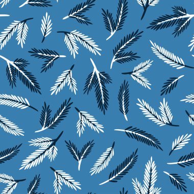 Kusursuz bir Noel deseni. Mavi ve beyaz ladin dalları. Tekstil, ambalaj, kartlar, afişler için hoş ve hoş bir illüstrasyon. Neşeli arkaplan.
