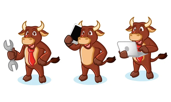 Ox Brown Mascota con ordenador portátil — Vector de stock