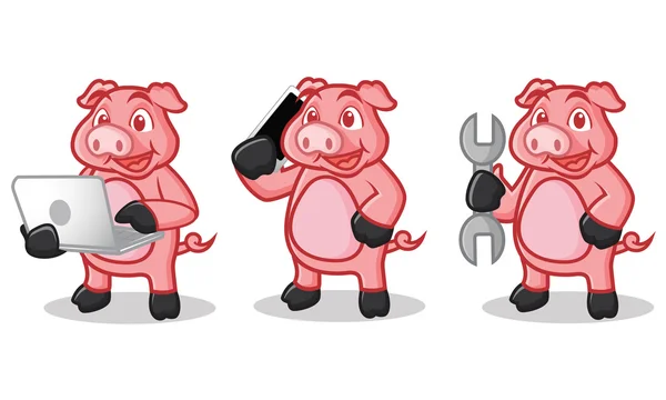 Mascotte de Cochon rose profond avec téléphone — Image vectorielle