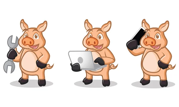 Mascotte de Cochon à la crème avec ordinateur portable — Image vectorielle