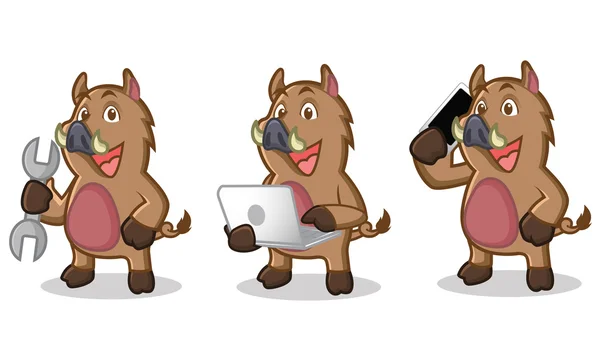 Mascotte di maiale selvatico marrone con telefono — Vettoriale Stock