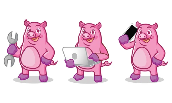 Mascota de cerdo púrpura con herramientas — Vector de stock