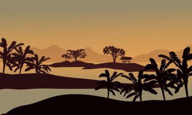 Muz ağaçları içinde nehir silüeti