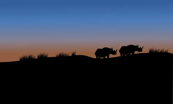 Rhino en campos silueta de paisaje — Vector de stock