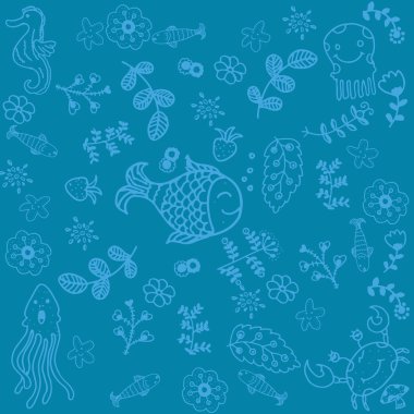 Balık ve yaprakları sanat doodle