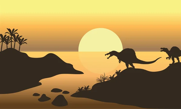 Silhuett av spinosaurus i åstranden — Stock vektor