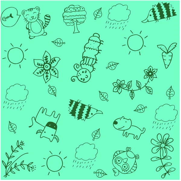Animale și frunze doodle art — Vector de stoc
