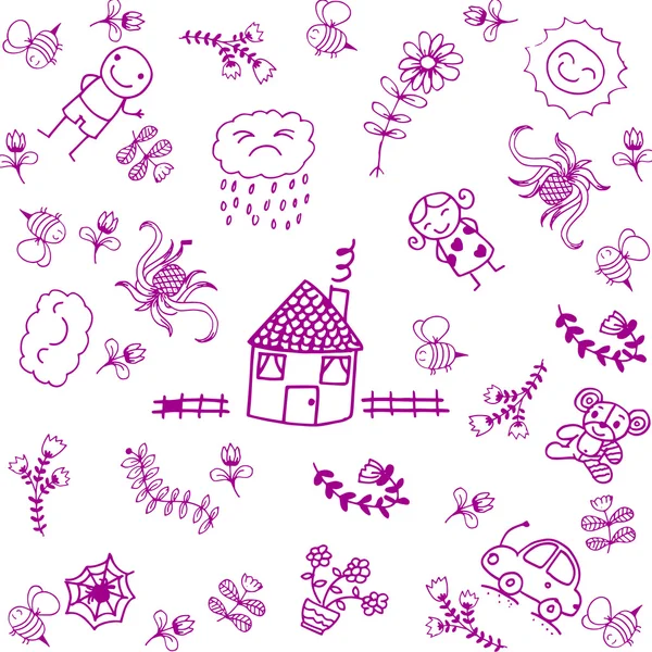 Casa viola e giardino doodle art — Vettoriale Stock