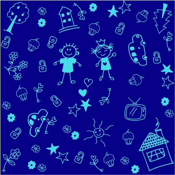 Blauwe kinderen gelukkig doodle kunst — Stockvector