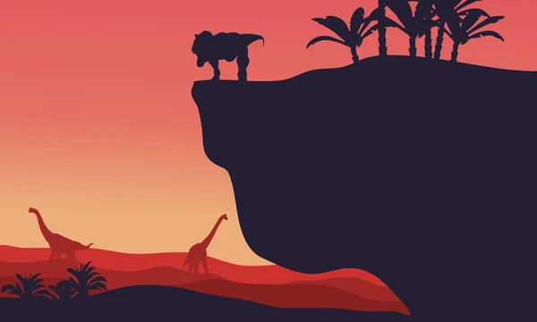 Silhouette de Brachiosaurus et T-Rex avec fond rouge — Image vectorielle