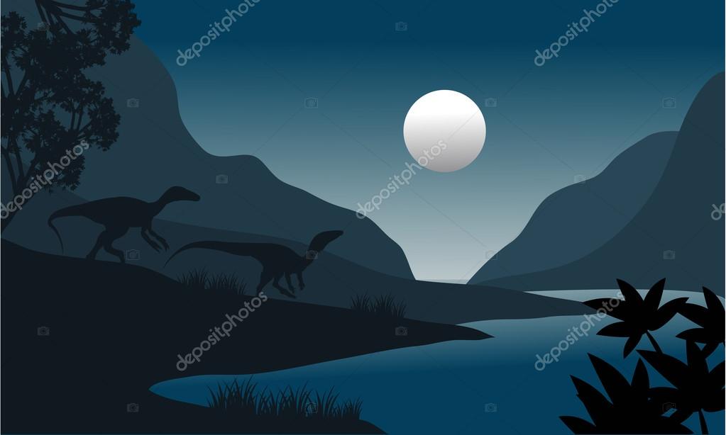 Silhouette of eoraptor in riverbank at the night