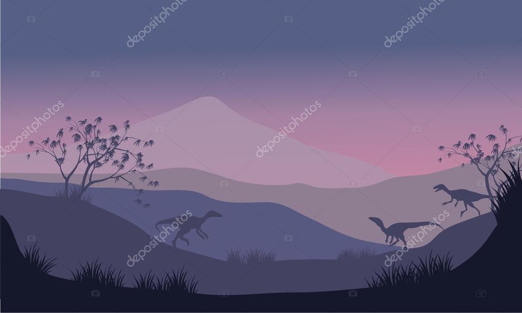 Silhouette of eoraptor in hills at the morning