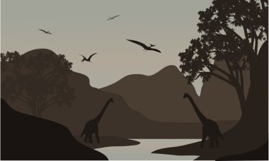 nehir Pterodactyl ve brachiosaurus siluet