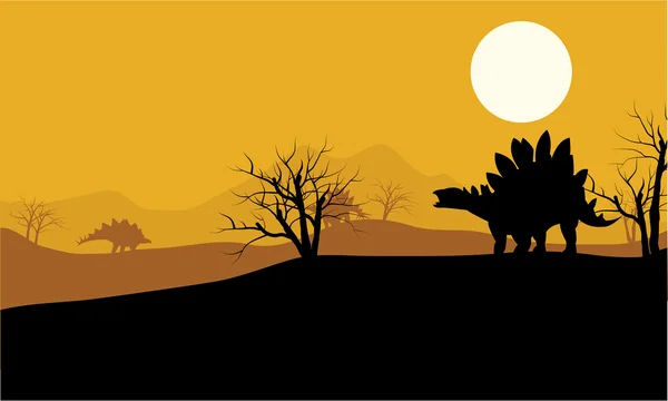 Bei Sonnenuntergang Stegosaurus in Feldern Landschaft — Stockvektor