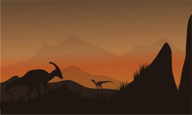 On the hills silhouette eoraptor and parasaurolophus clipart