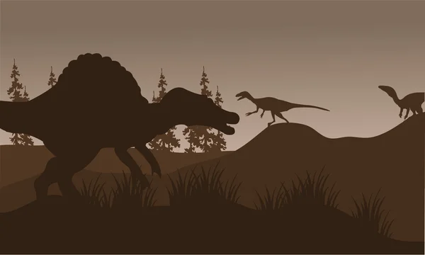 Silhouete of spinosaurus and eoraptor in hills — Stock Vector