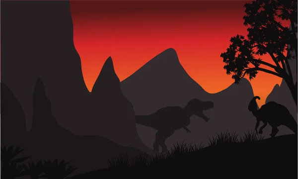 Tyrannosaurus und Parasaurolophus Silhouette in Hügeln — Stockvektor