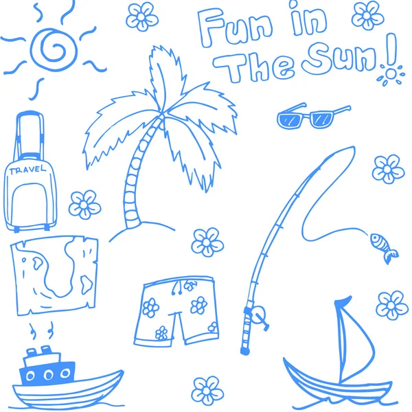 Divertido doodle playa de vacaciones — Vector de stock