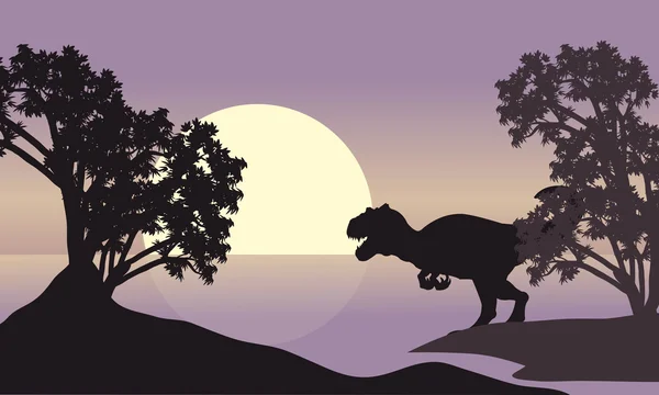 Allosaurus em silhueta paisagem ribeirinha — Vetor de Stock