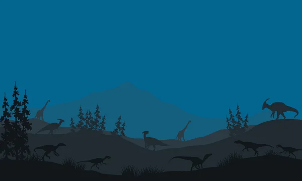 Muchos dinosaurios en las colinas — Vector de stock