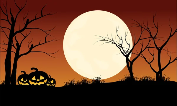 Silhouette di zucche Halloween con luna piena — Vettoriale Stock