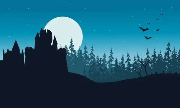 Silueta de Castillo y bosque Halloween — Vector de stock