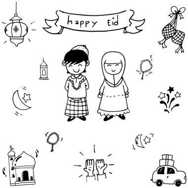 Eid Mubarak çocuklar Doodle vektör için